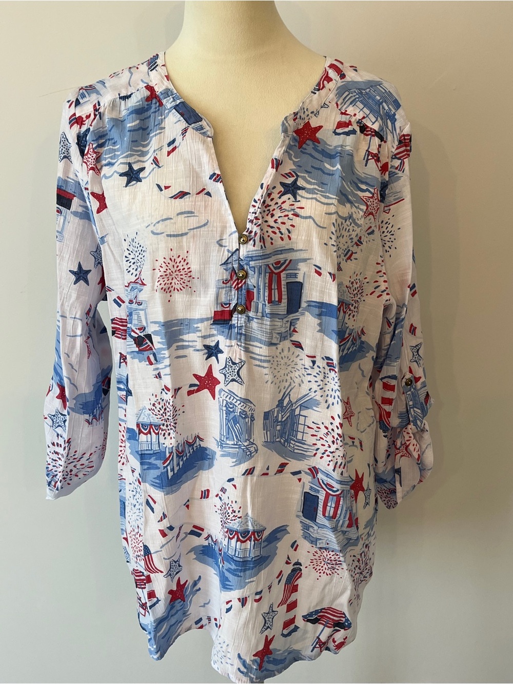 Kim Rogers Women's Patriotic Print V-Neck 3/4 Sleeve Tunic Top